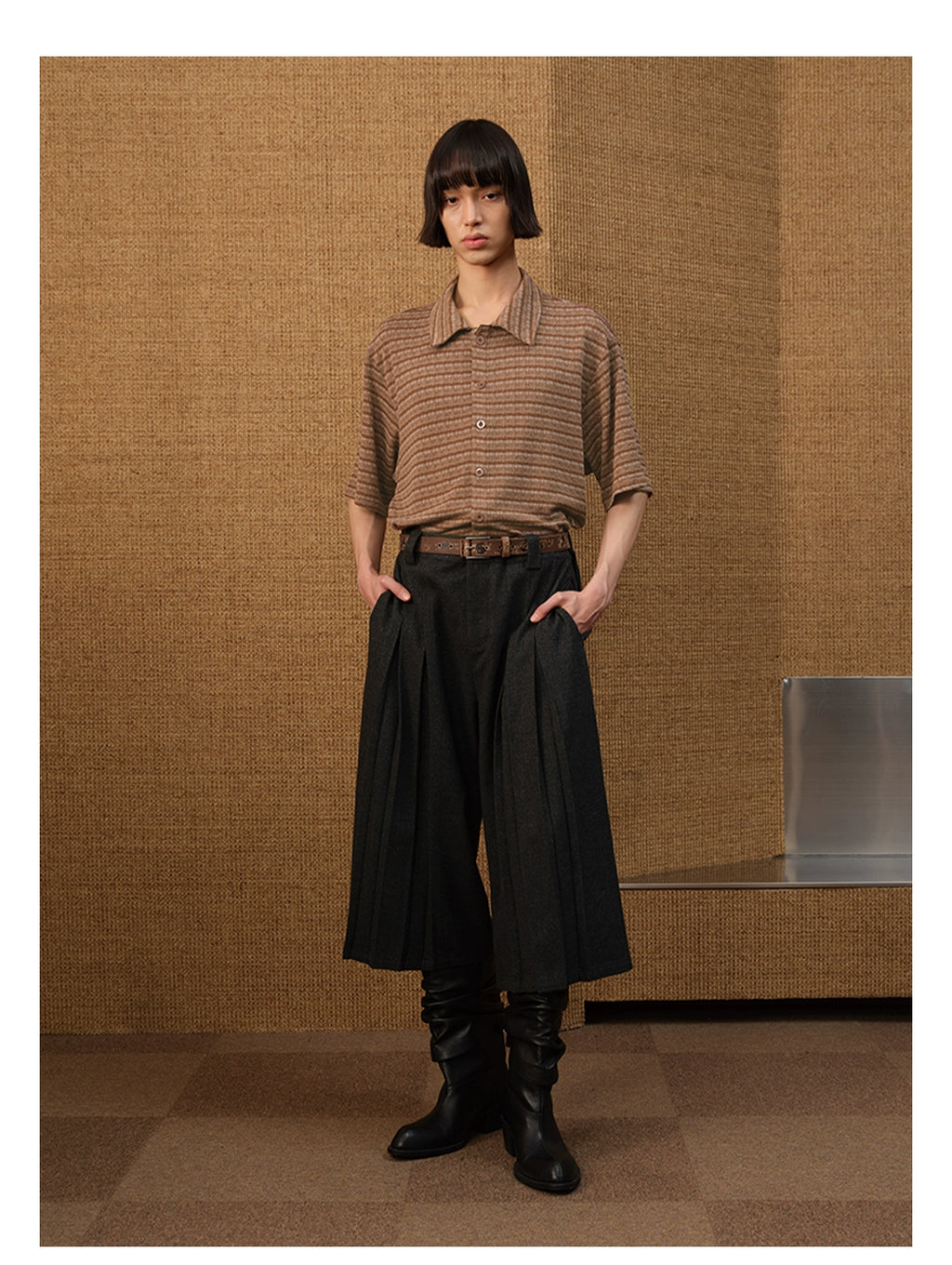 JCAESAR Striped Knitted Loose Short-sleeved Shirt