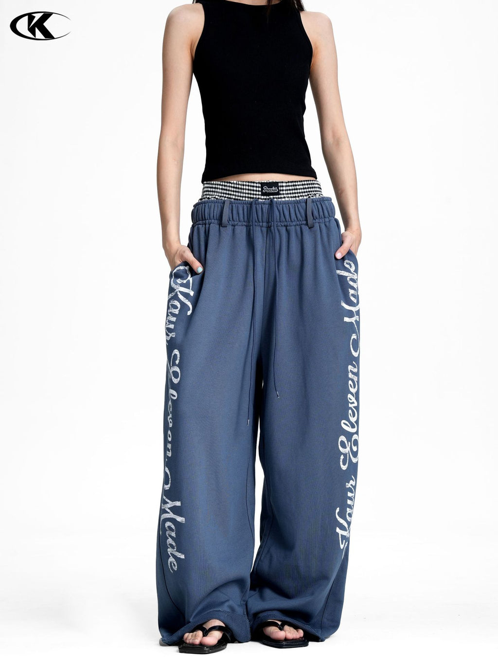 11KN Vintage Alphabet Print Casual Wide Leg Pants