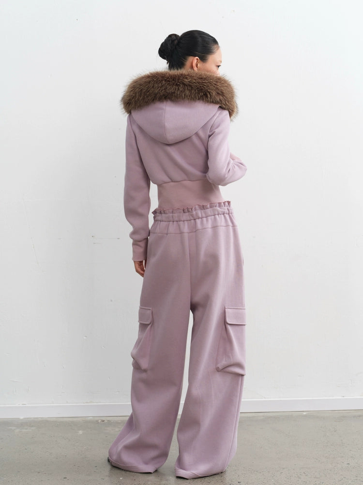 LINY LIBERTY Removable Fur Collar Short Sweater Casual Sweatpants Set