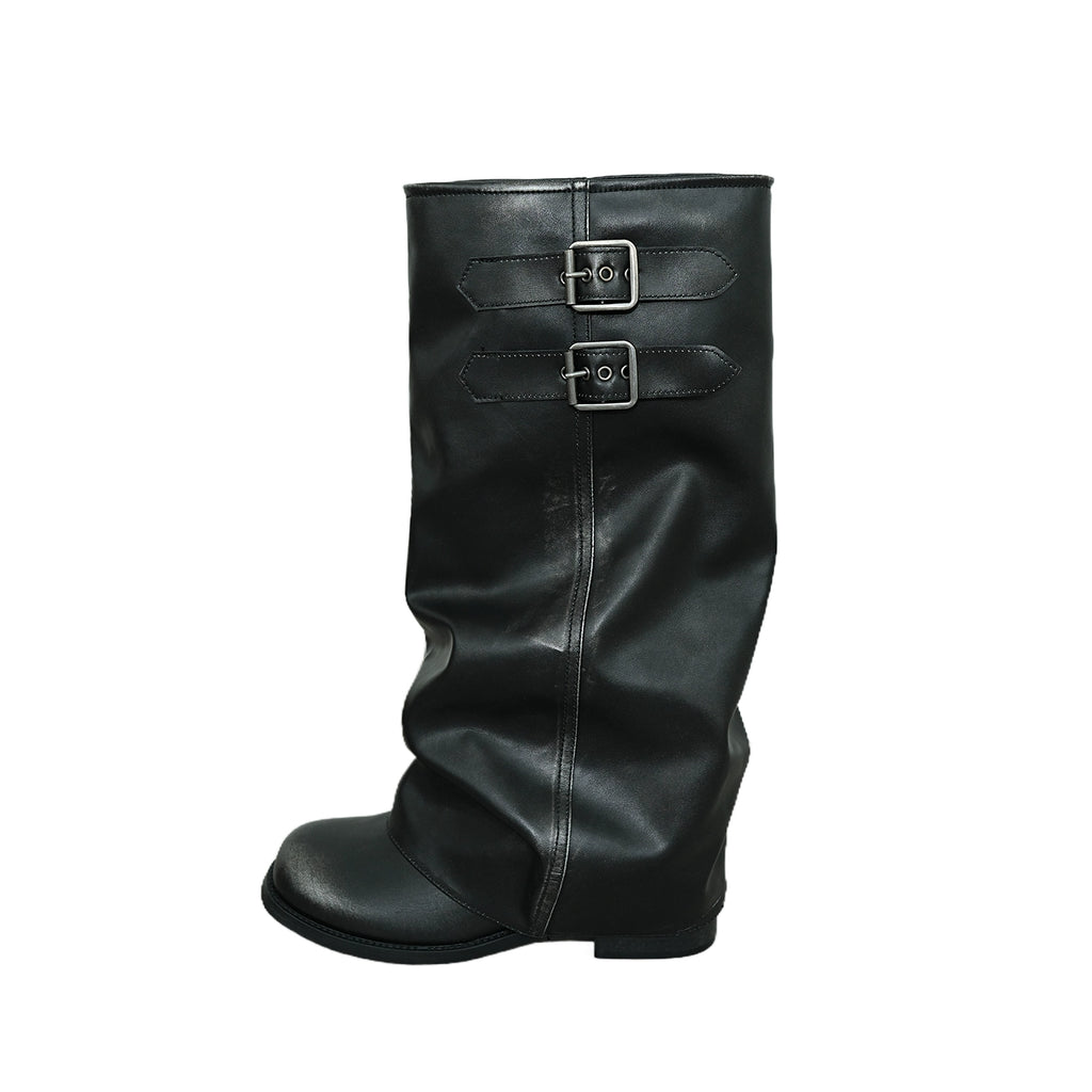Mooreyu Belt Buckle Vintage Pleated Knight Boots