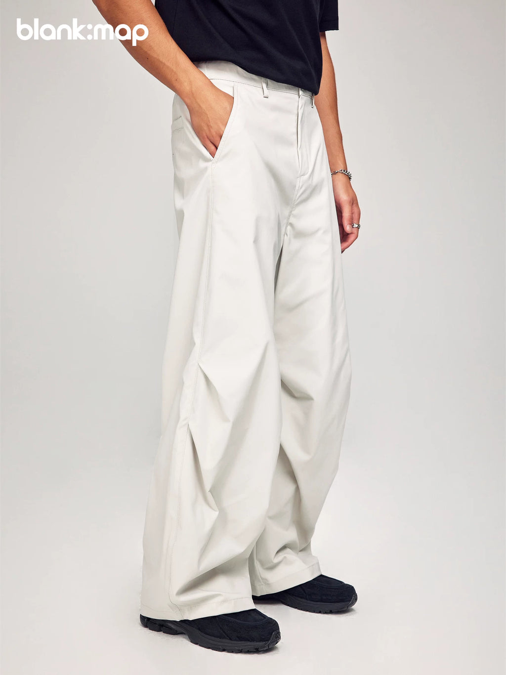 Blank Map Elastic Waist Casual Loose Pleated Wide Leg Pants