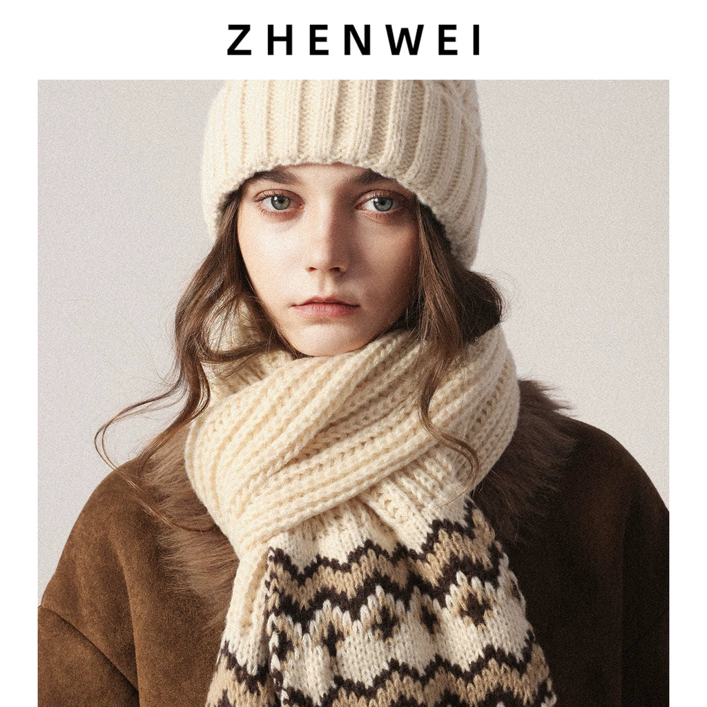 ZHENWEI Knitted Jacquard Thermal Suit Hat Scarf