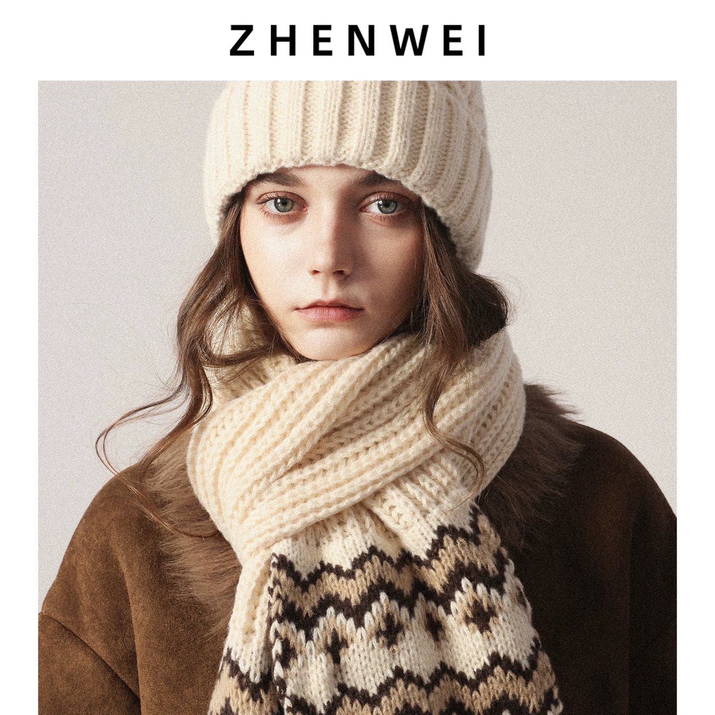 ZHENWEI Knitted Jacquard Thermal Suit Hat Scarf