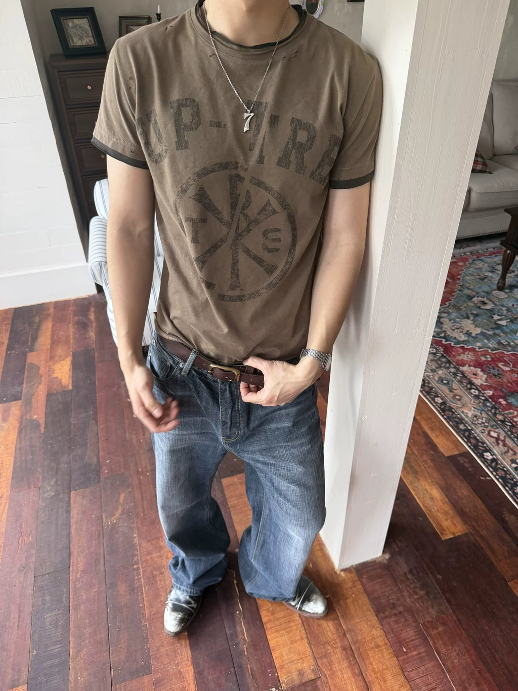 TREClub Retro Double Collar Fake Two Pieces Do Old Tee