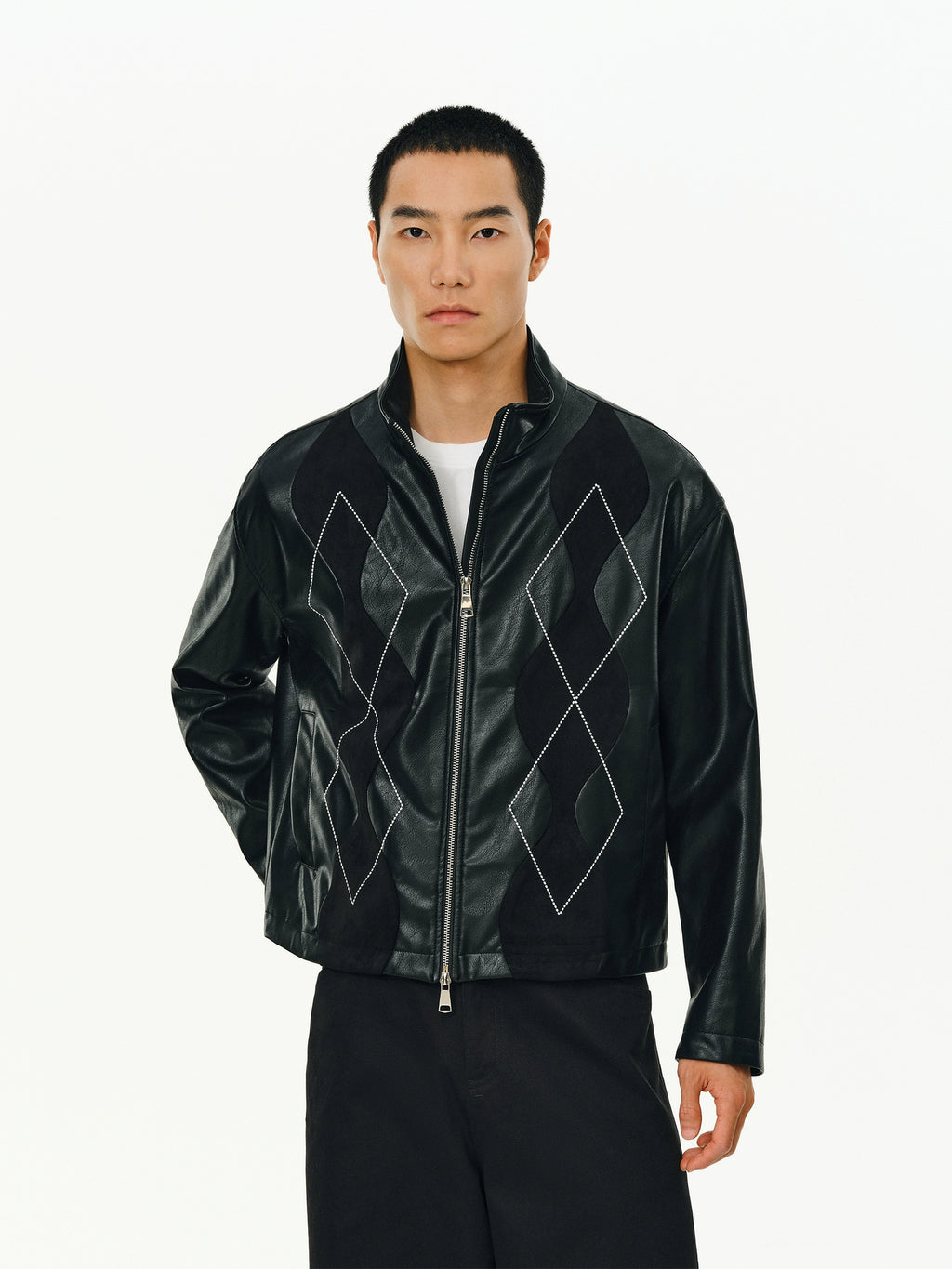 ATRY Retro Ruffian Handsome Rhombus Stitched Suede PU Locomotive Jacket