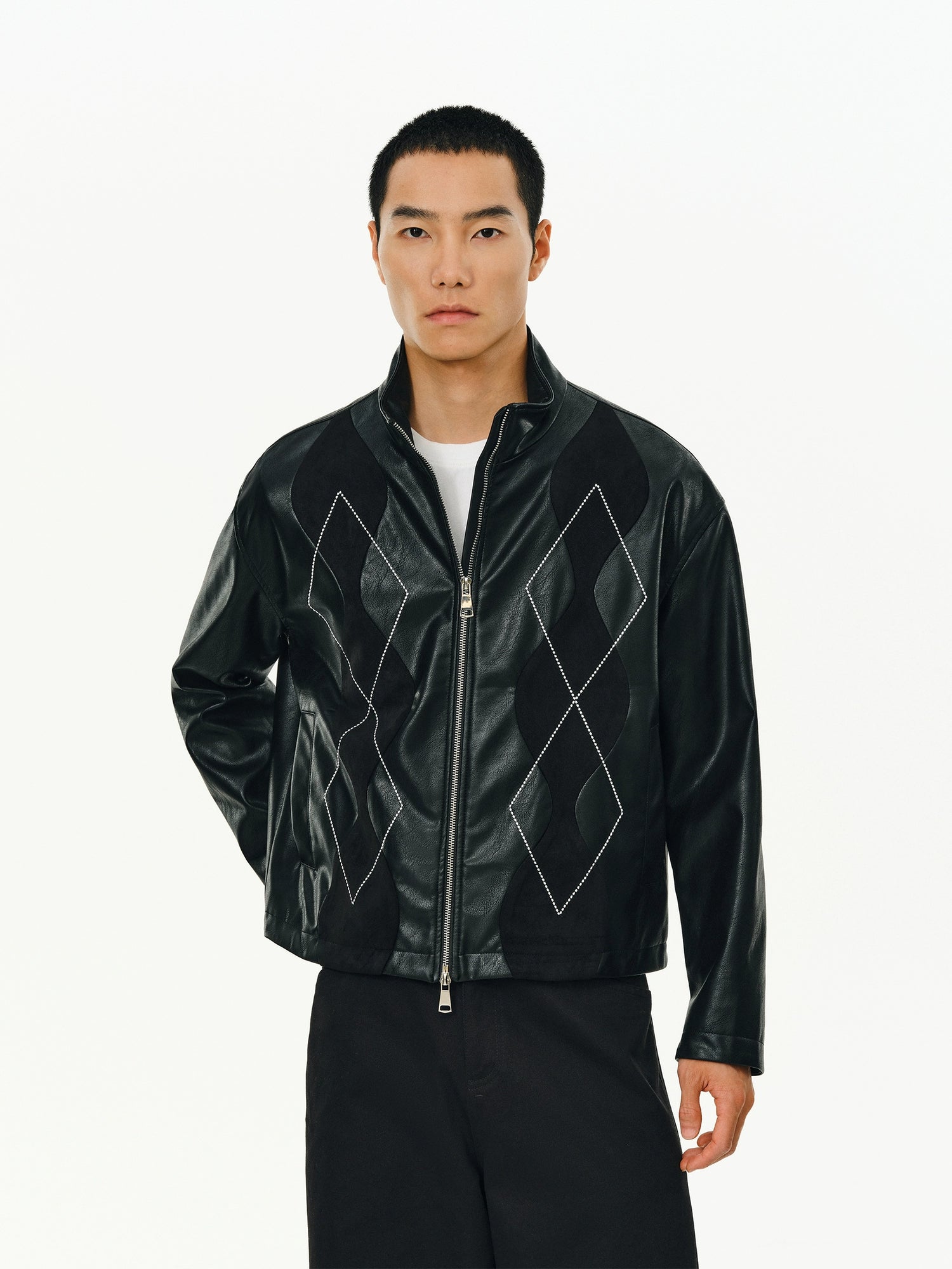 ATRY Retro Ruffian Handsome Rhombus Stitched Suede PU Locomotive Jacket