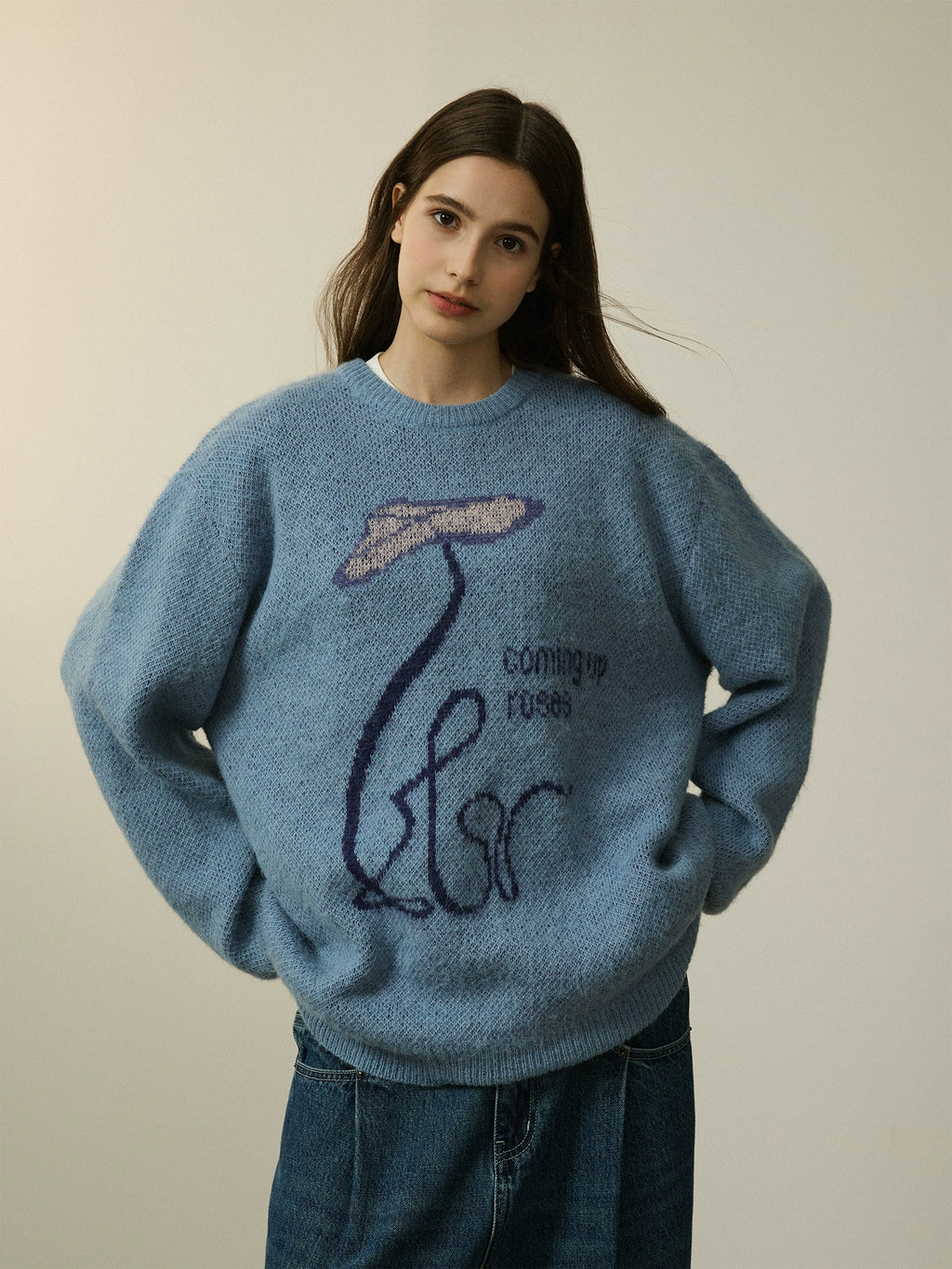 LR MADE Line Floral Warm Crew Neck Sweater Knitted Sweater