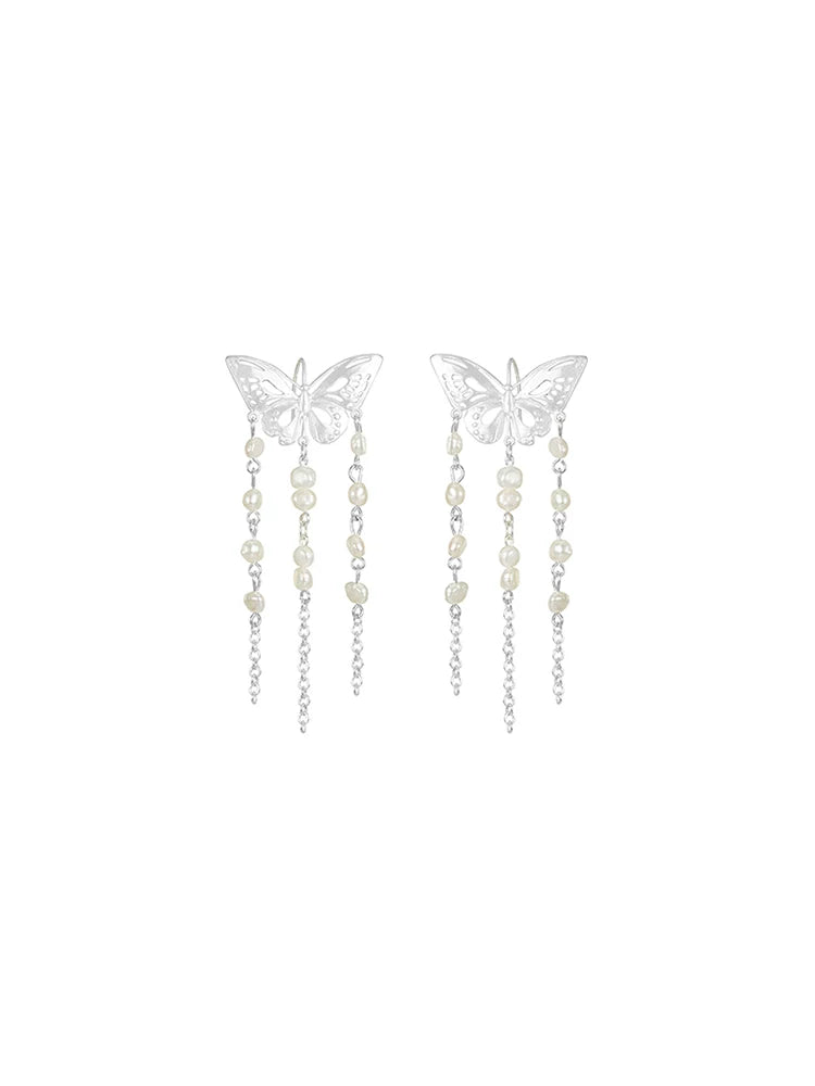 NO SOLUTION Pearl Tassel Butterfly Stud Earrings
