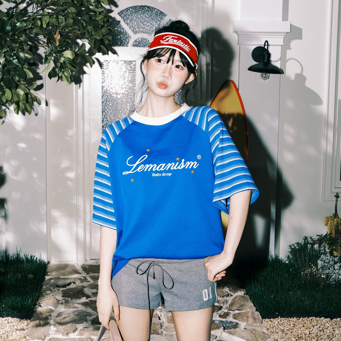 Lemanism Stripe Contrast Shoulder Letter Casual Tee