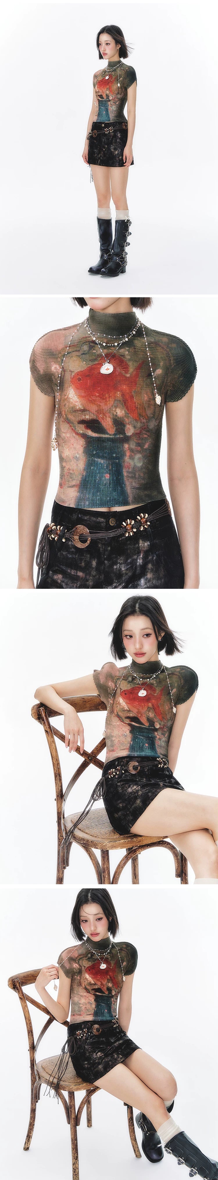 YEDM Goldfish Print Short Pleated Short Tee