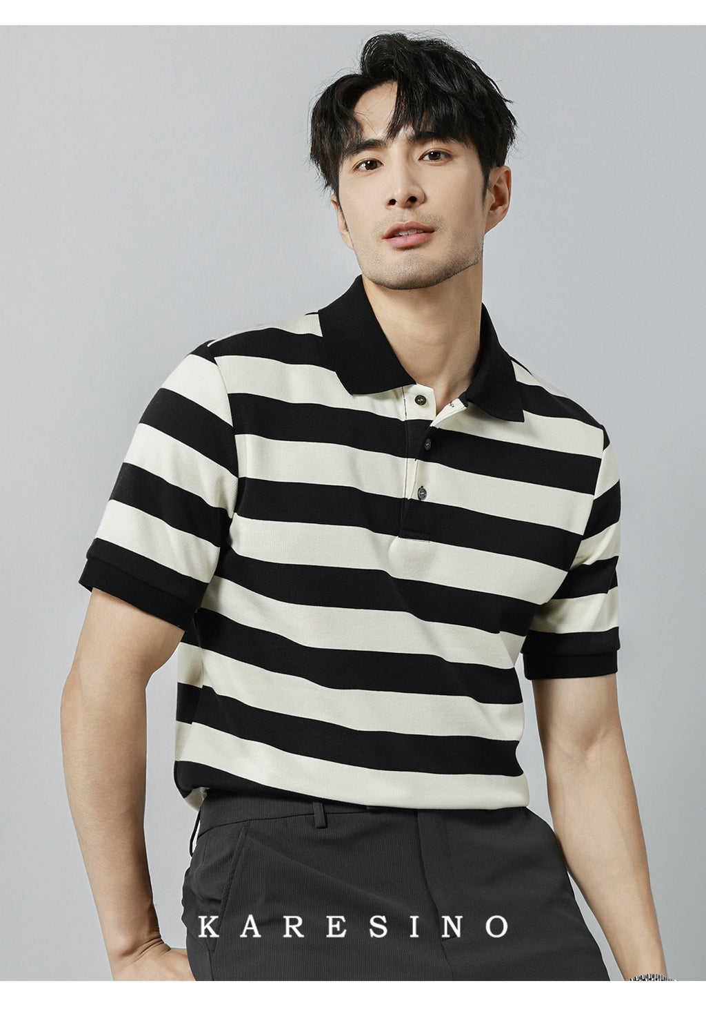 KARESINO Breathable Striped Lapel Knitted Polo Shirt