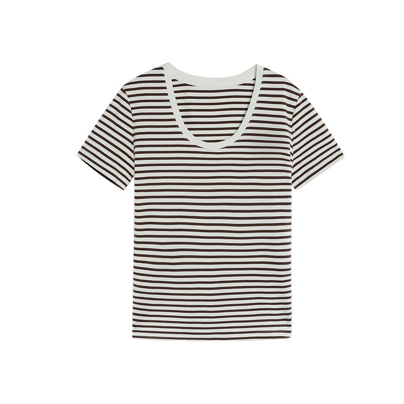 NEVA HU Striped U-neck Versatile Casual Tee