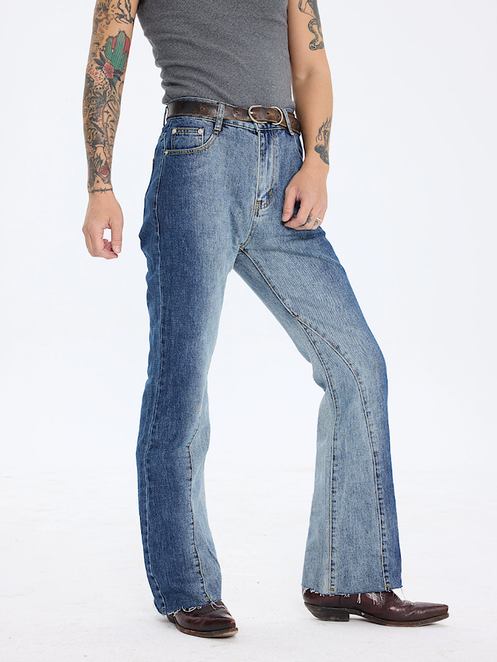 PUBLICRADIO Splicing Washed Heavy Denim Micro-flared Pants