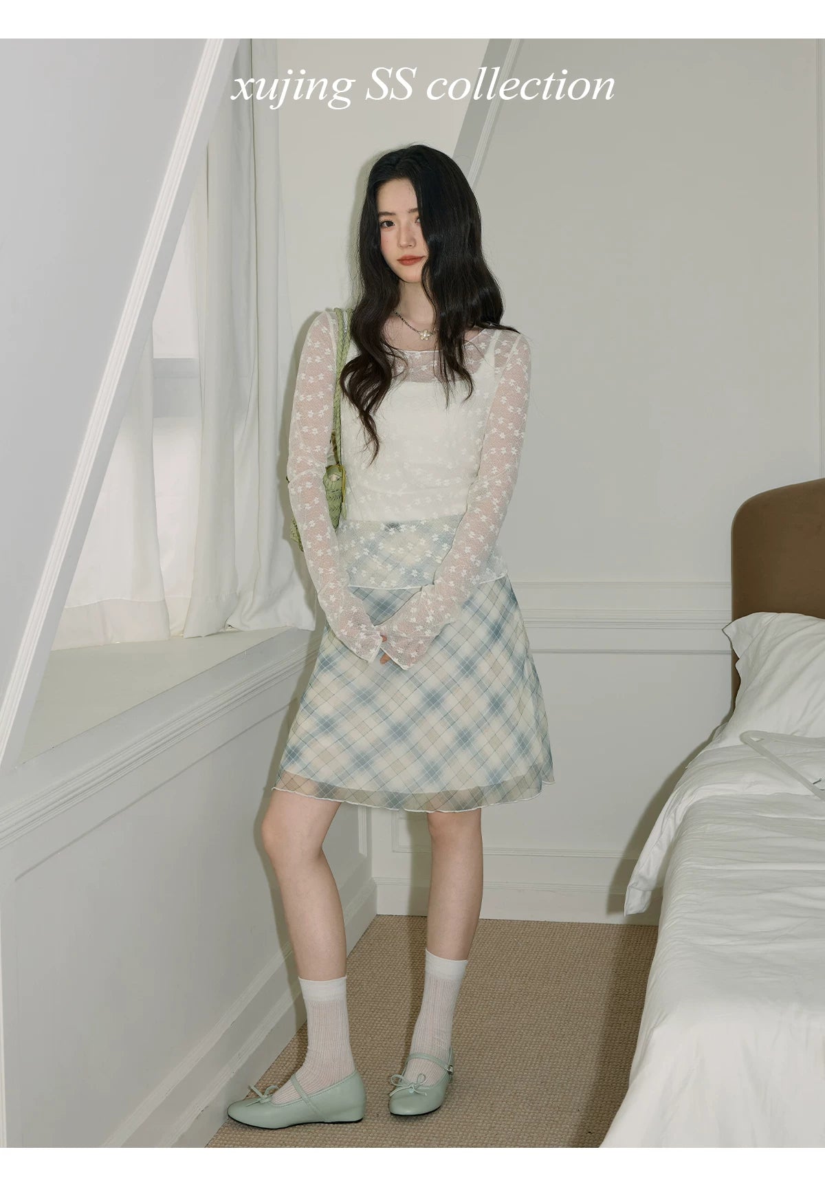 XUJING High Waist Temperament Straight Plaid Skirt