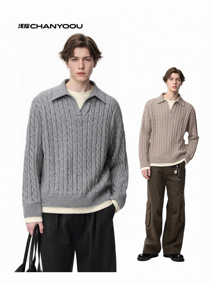 CHANYOOU Vintage Woven Twist Pattern Lapel Knitted Sweater