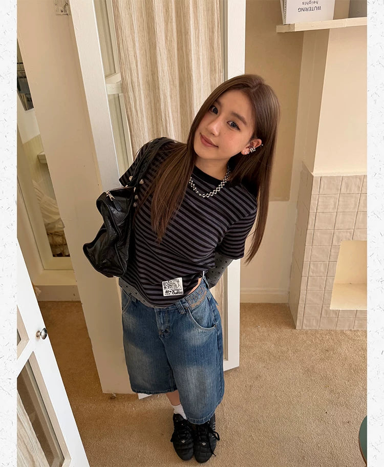 CCYE Striped Splicing Polka Dot Fake Two-piece Front Shoulder Long Sleeve