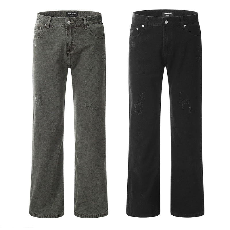 11KN Street Style Distressed Straight Loose Wide-leg Retro Cleanfit Trousers