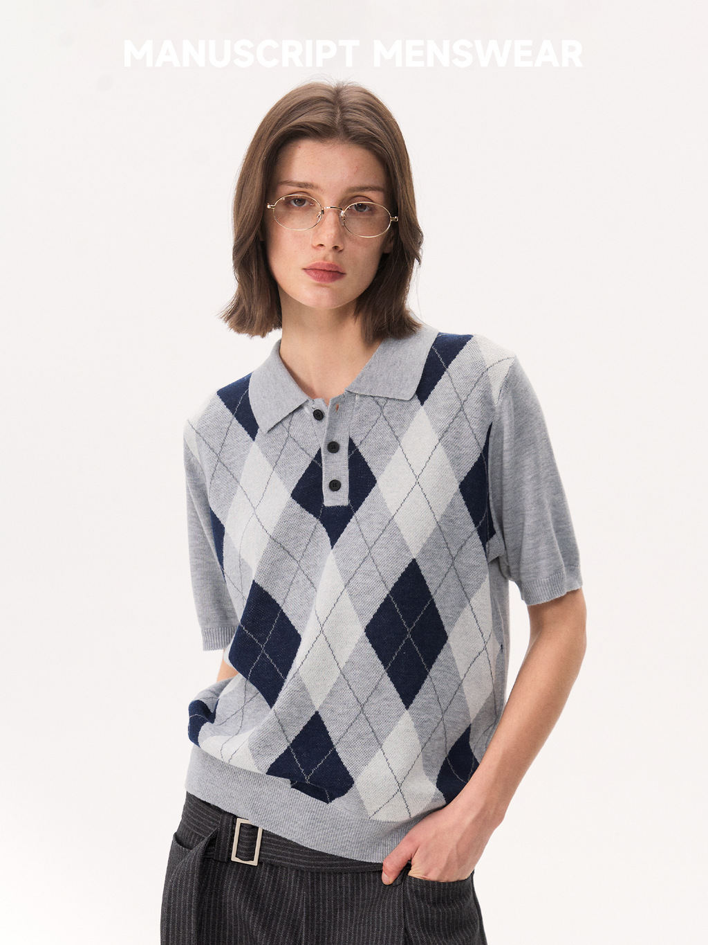 MANUSCRIPT Casual Front Shoulder Plaid Lapel Tee