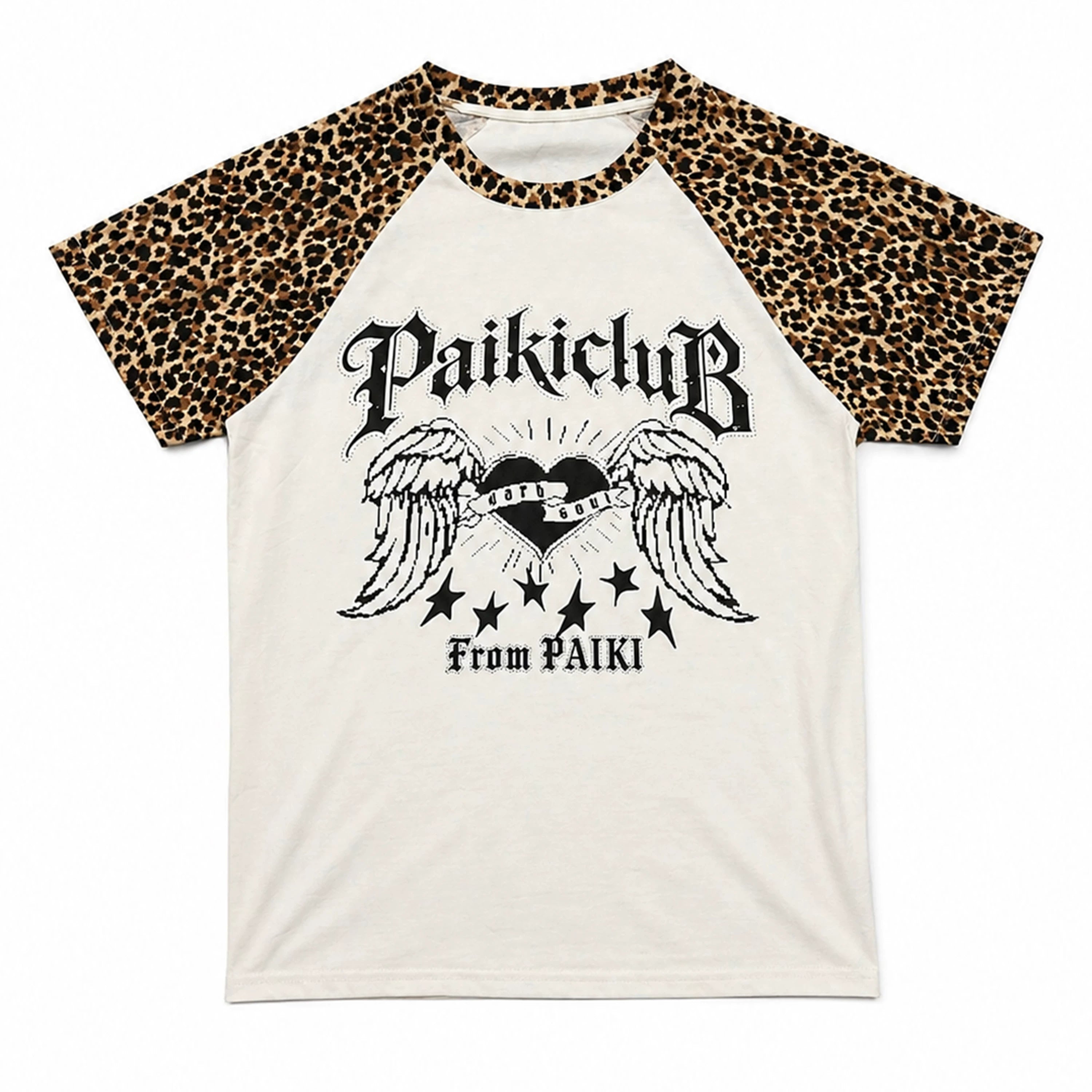 PAIKI Leopard Rough Sleeves Crew Neck Front Shoulder Tee
