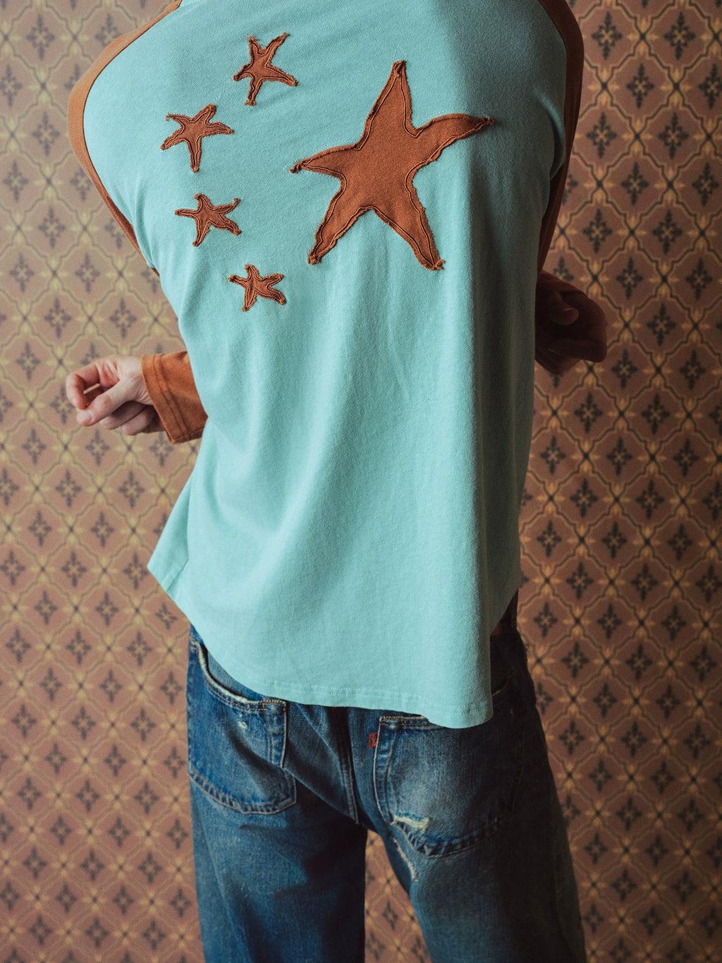 RICHILL Color Matching Washed Patch Printed Shoulder Sleeve Long Sleeve