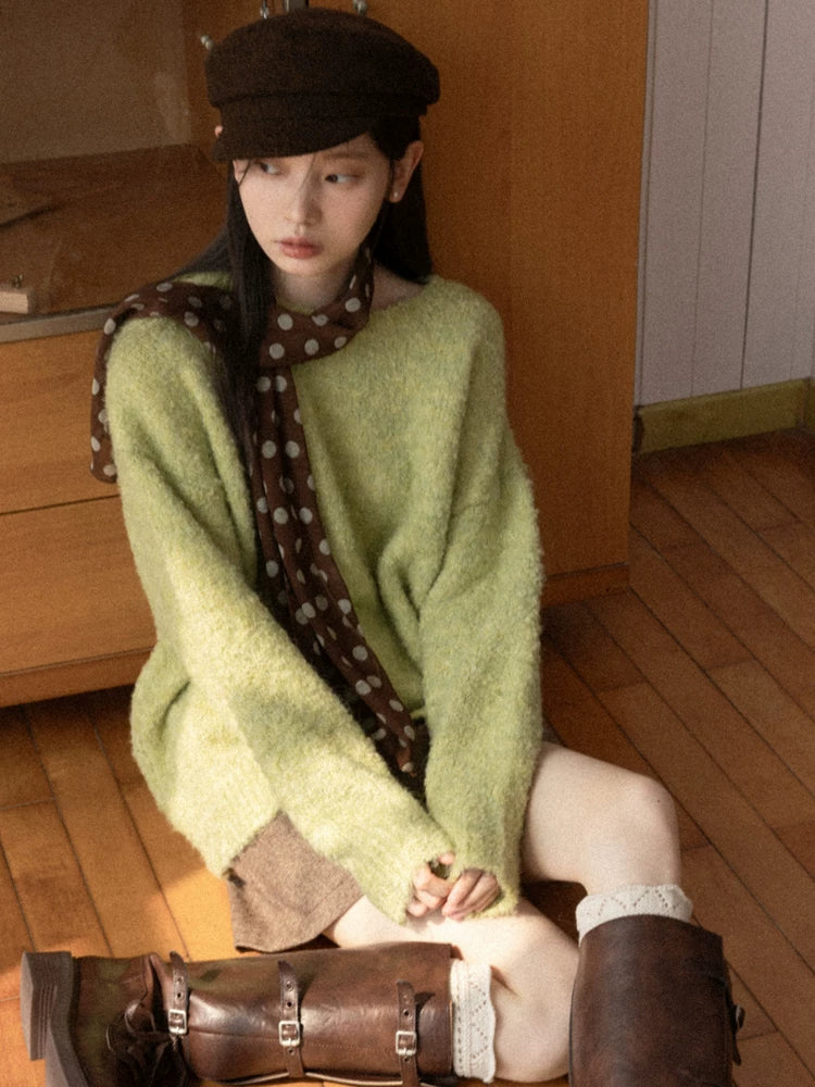 Cantonstory Korean Lazy Crew Neck Loose Knitted Sweater