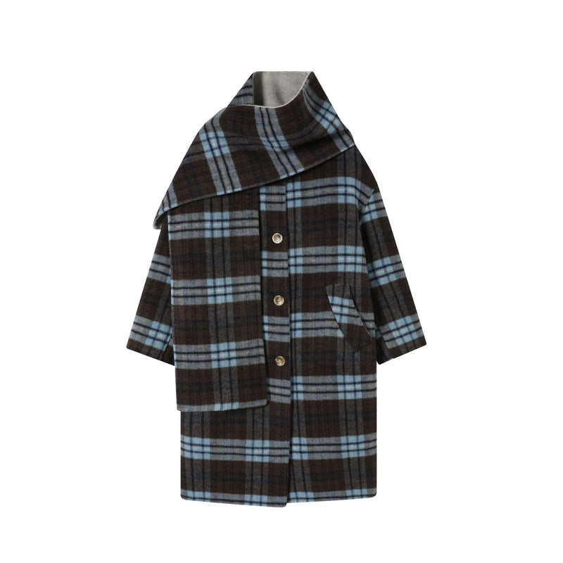 TGNS Plaid Scarf Double-sided Tweed Coat