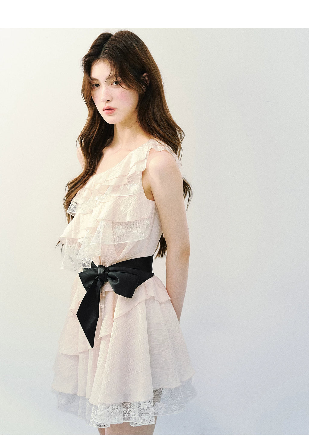 SunsetPark Fake Two-piece Slanted Shoulder Lace Ruffle Dress