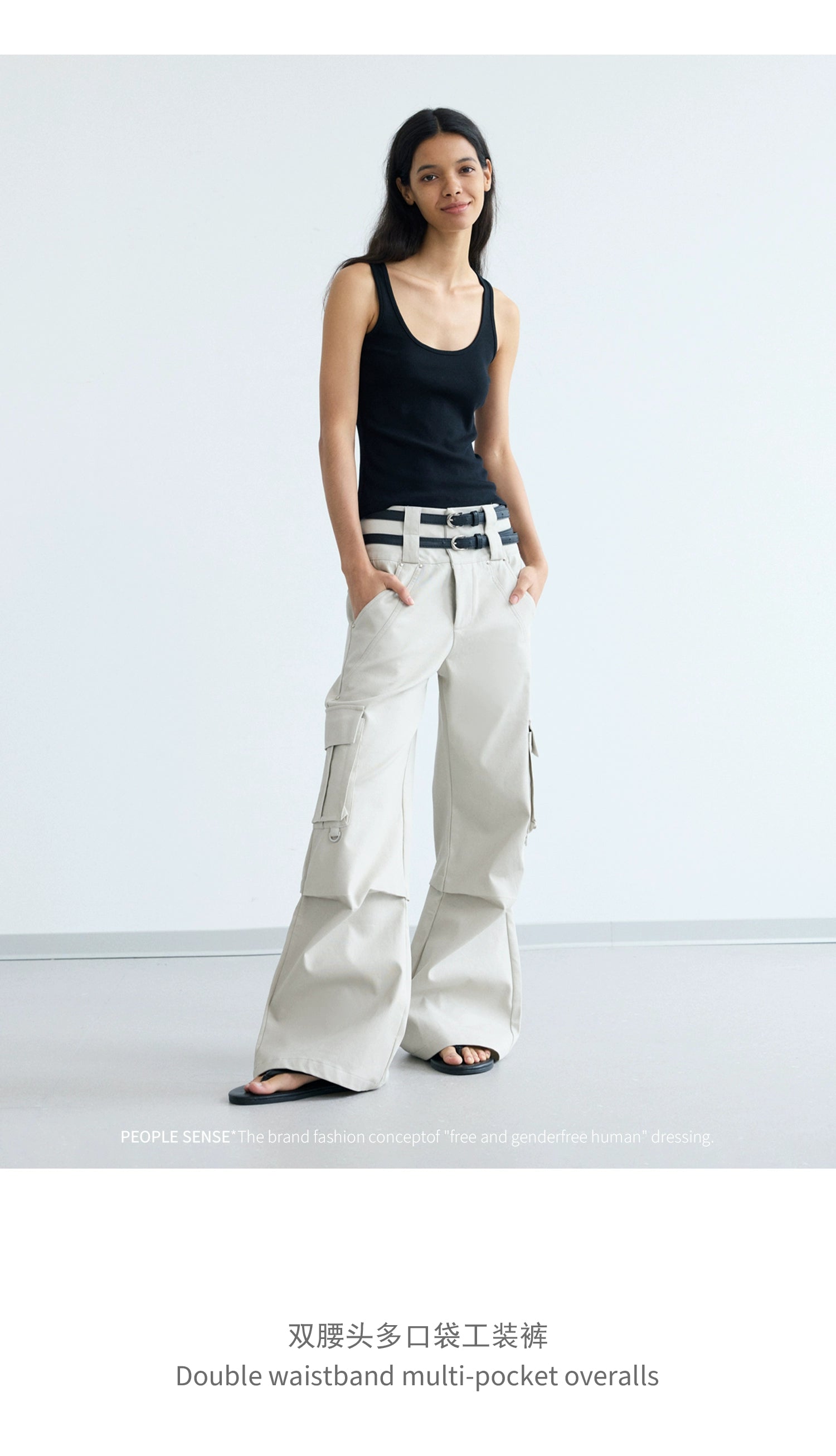 PEOPLESTYLE Fashion Double Waist Multi-Pocket Overalls