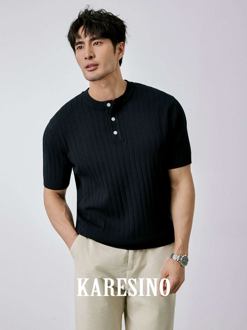 KARESINO Cold Silk Henry Neck Polo Shirt