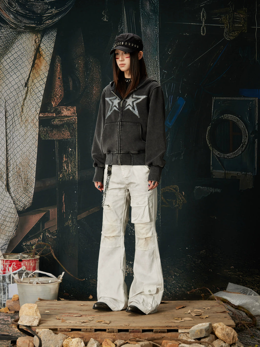 NOMANIAI Washed Hot Diamond Slim Fit Hooded Zipper Jacket
