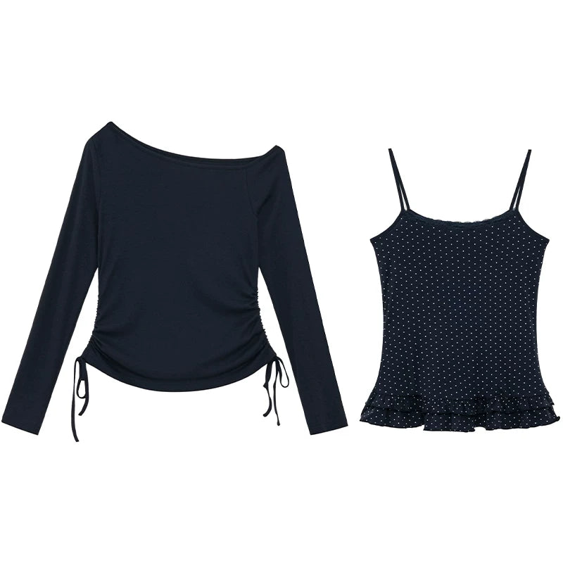 KANO Slanted Shoulder Polka Dot Suspender Real Two-piece Set