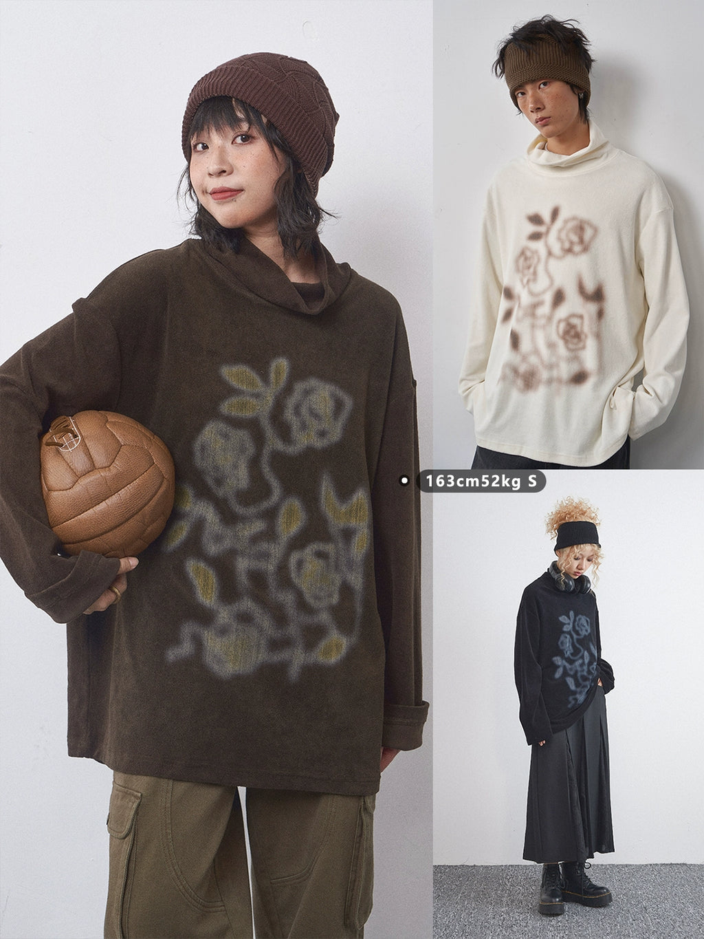 PHYS Semi-turtleneck Loose Versatile Rose Print Long Sleeve