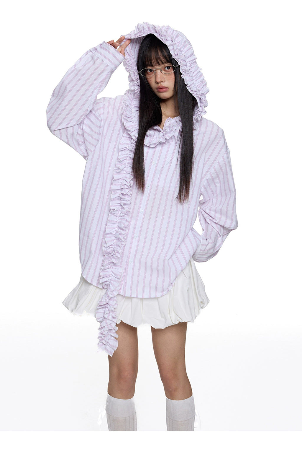 EZEK Striped Pleated Fringed Hooded Long-sleeved Shirt