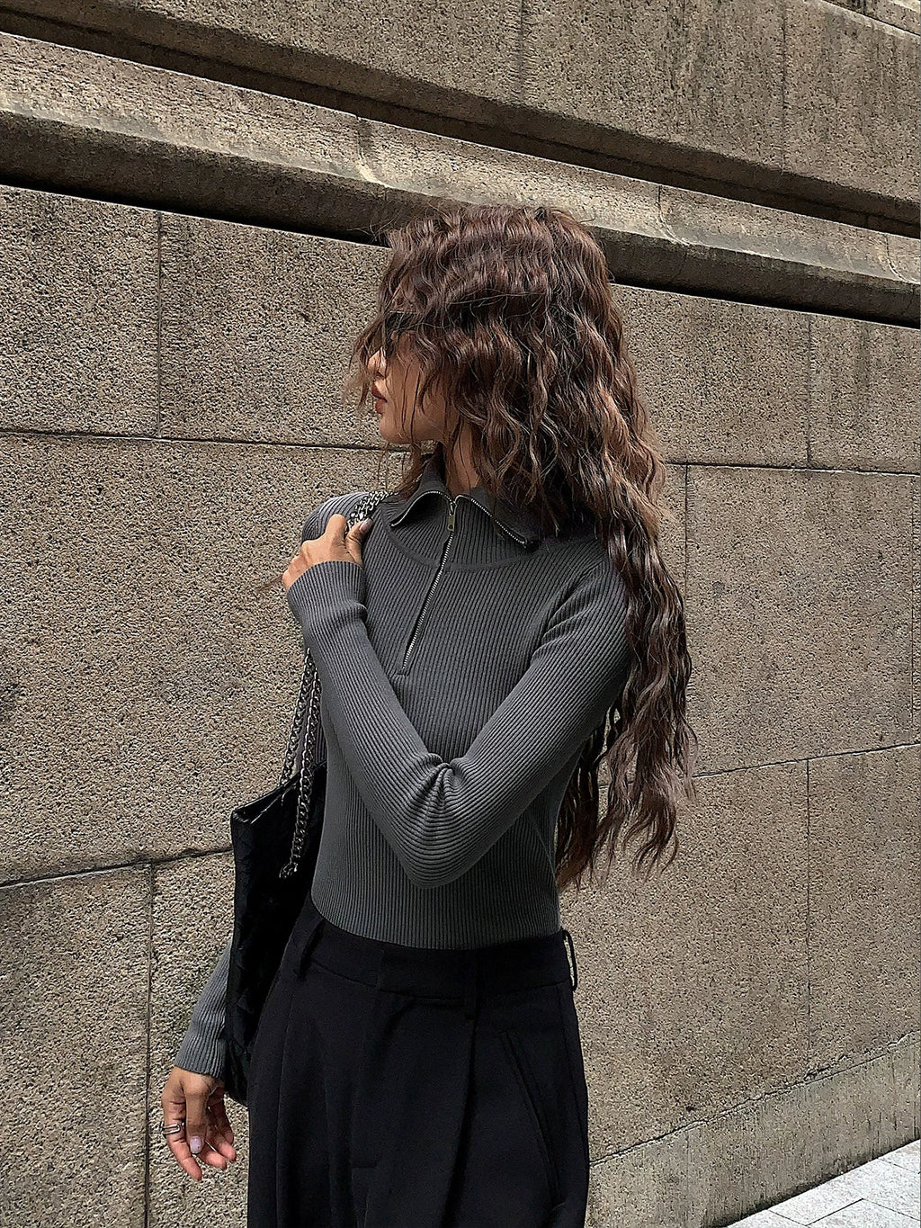 OUSPH Slim-fit Polo Neck Zipper Long-sleeved Knitted Sweater