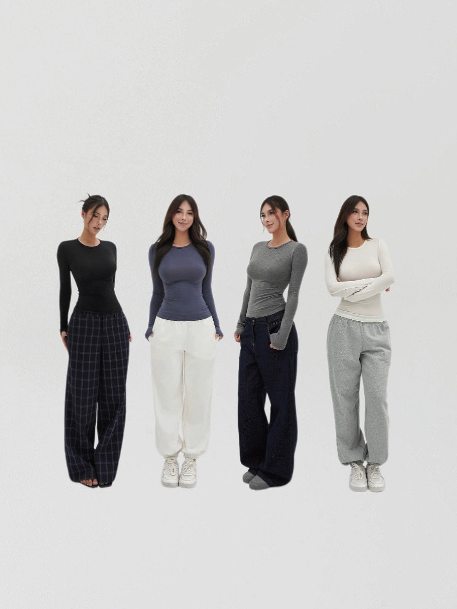 Jim Kennet Crew Neck Micro Transparent Shoulder Long Sleeve Bottom Shirt