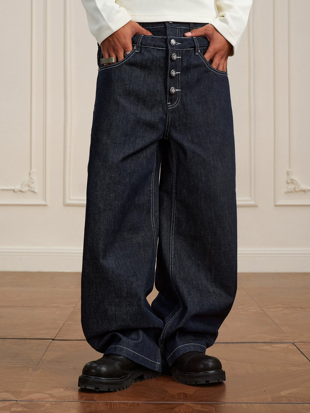 YADcrew Retro Vintage Black Wash Heavy Double Waist Micro Pull Jeans