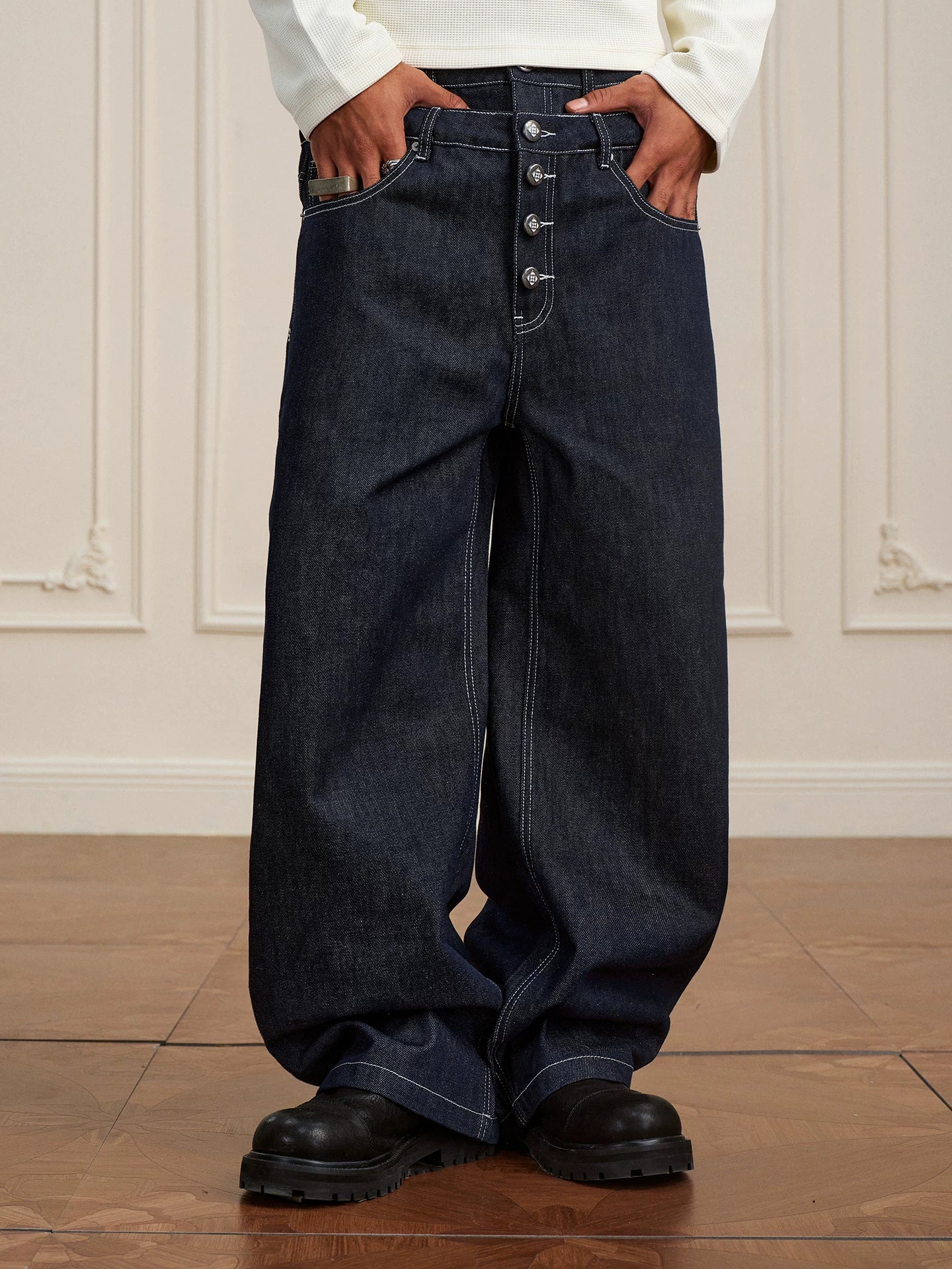 YADcrew Retro Vintage Black Wash Heavy Double Waist Micro Pull Jeans