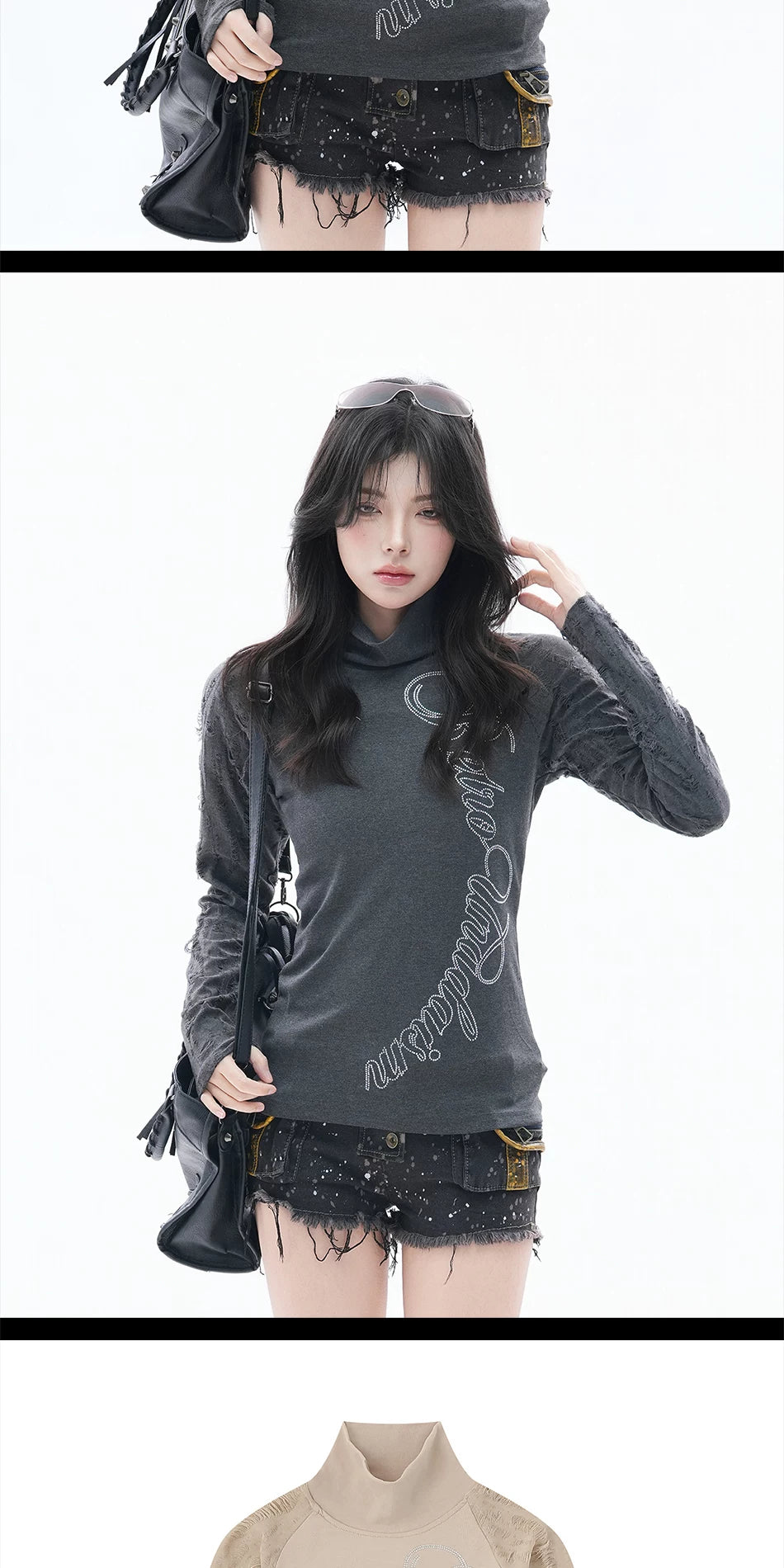 Zuocisankon High Neck Slim Fit Hot Diamond Long Sleeves