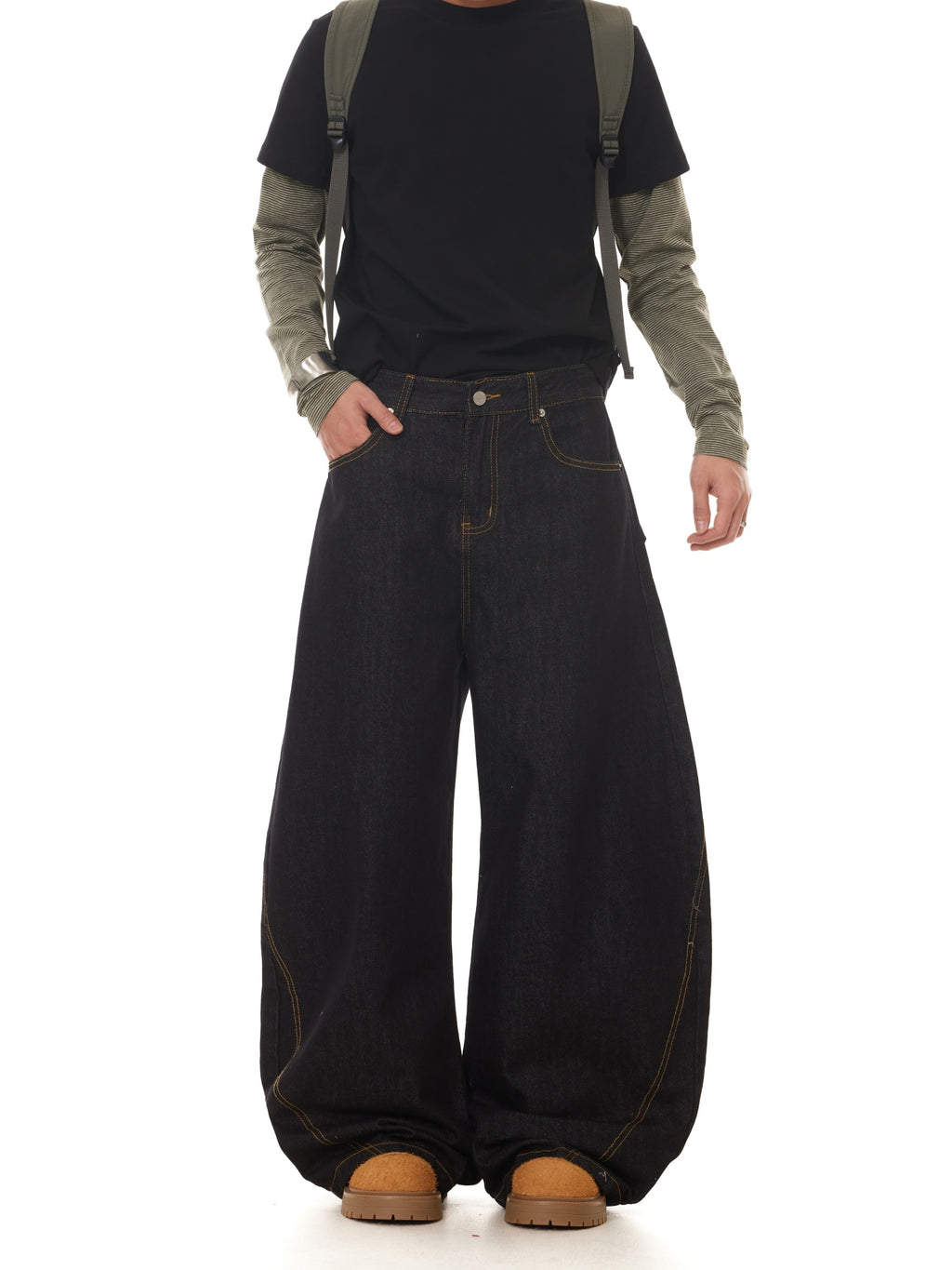 BTSG Guochao retro Japanese Raw denim black wide-leg scimitar jeans