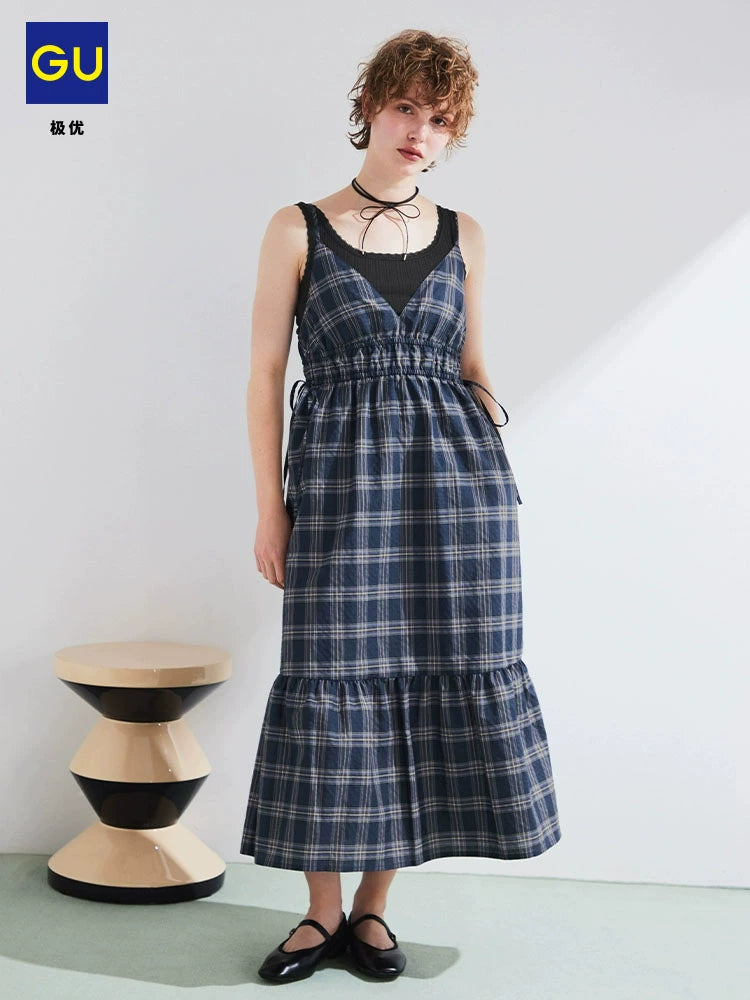 GU Plaid Suspender Dress V-neck Bow