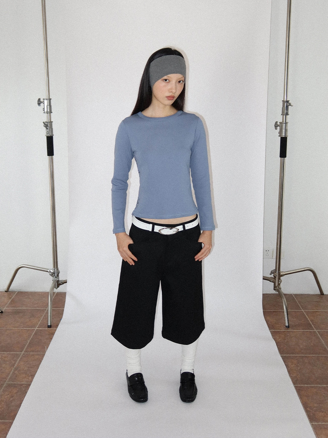 FUNKYFUN Pin Print Micro Waist Front Shoulder Long Sleeve