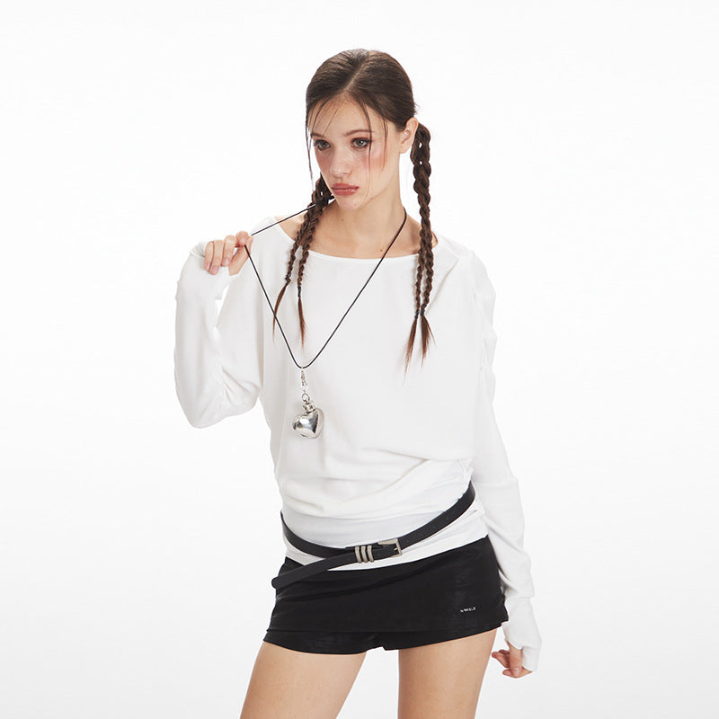 Nariele Slant Neck Vintage Waist Off-Shoulder Long Sleeves