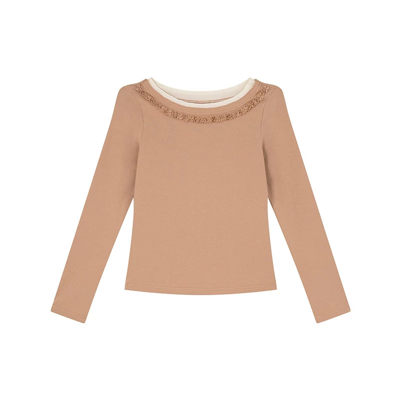 Kano Contrast Collar Lace Splicing Slim Long Sleeves