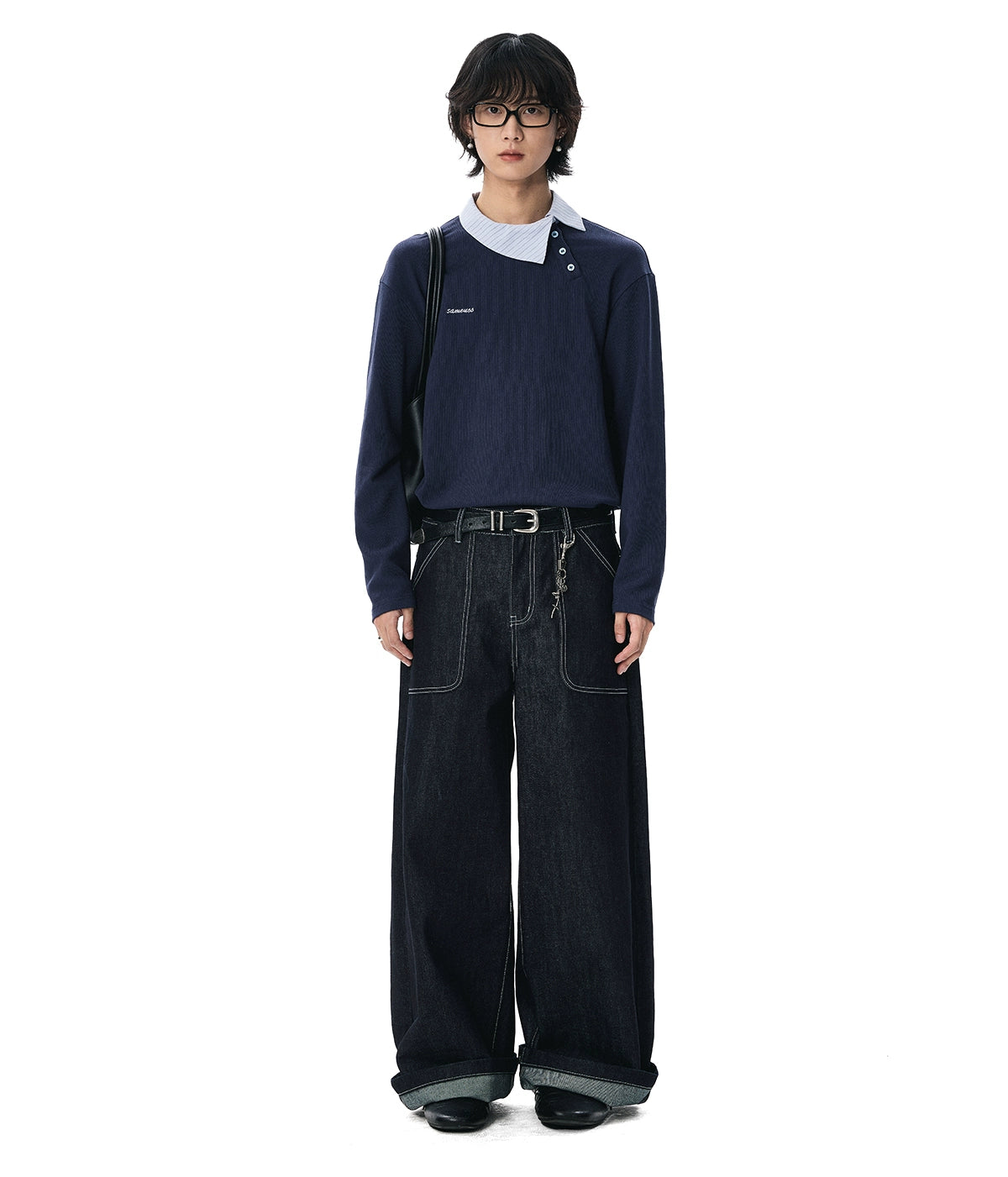 Sameuoo Casual Texture Slant Placket Polo Neck Long Sleeve