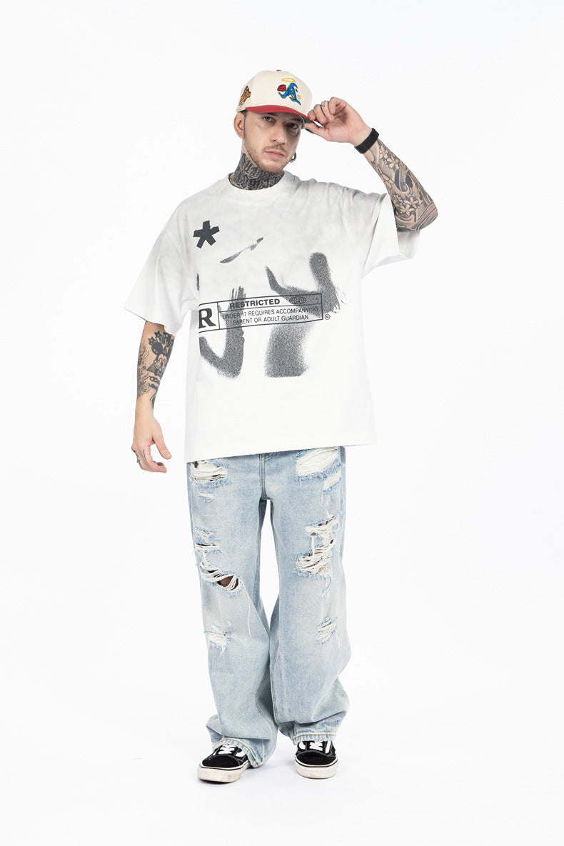 SUPER WAY Letter Printing Gradual Change Spray Color Casual Tee