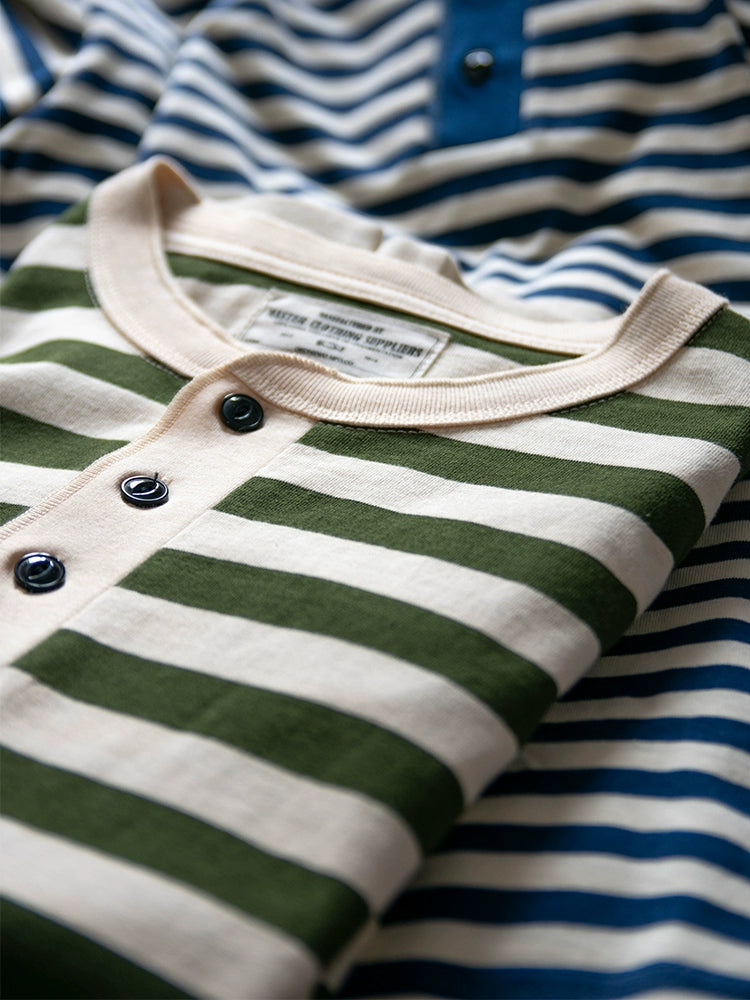 PrintAce Vintage Knitted Striped Henry Collar Button Tee