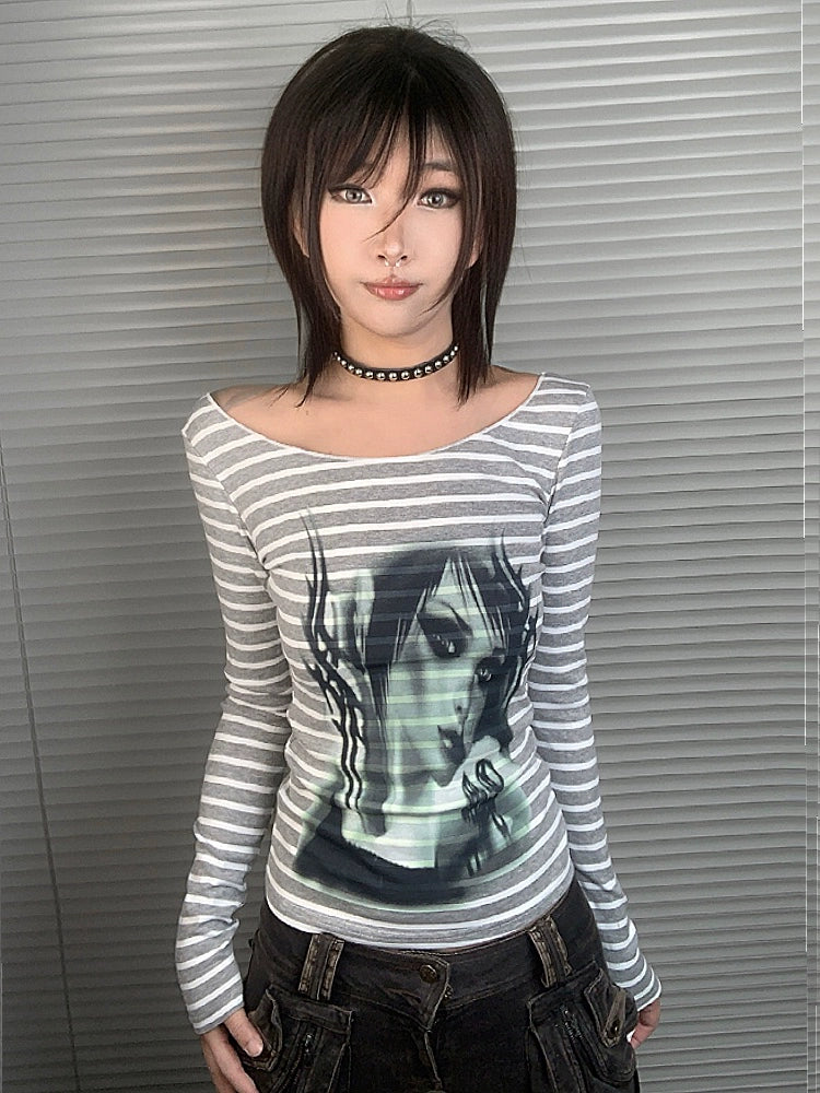 WEBBAR, Black and White Striped Slim Tee