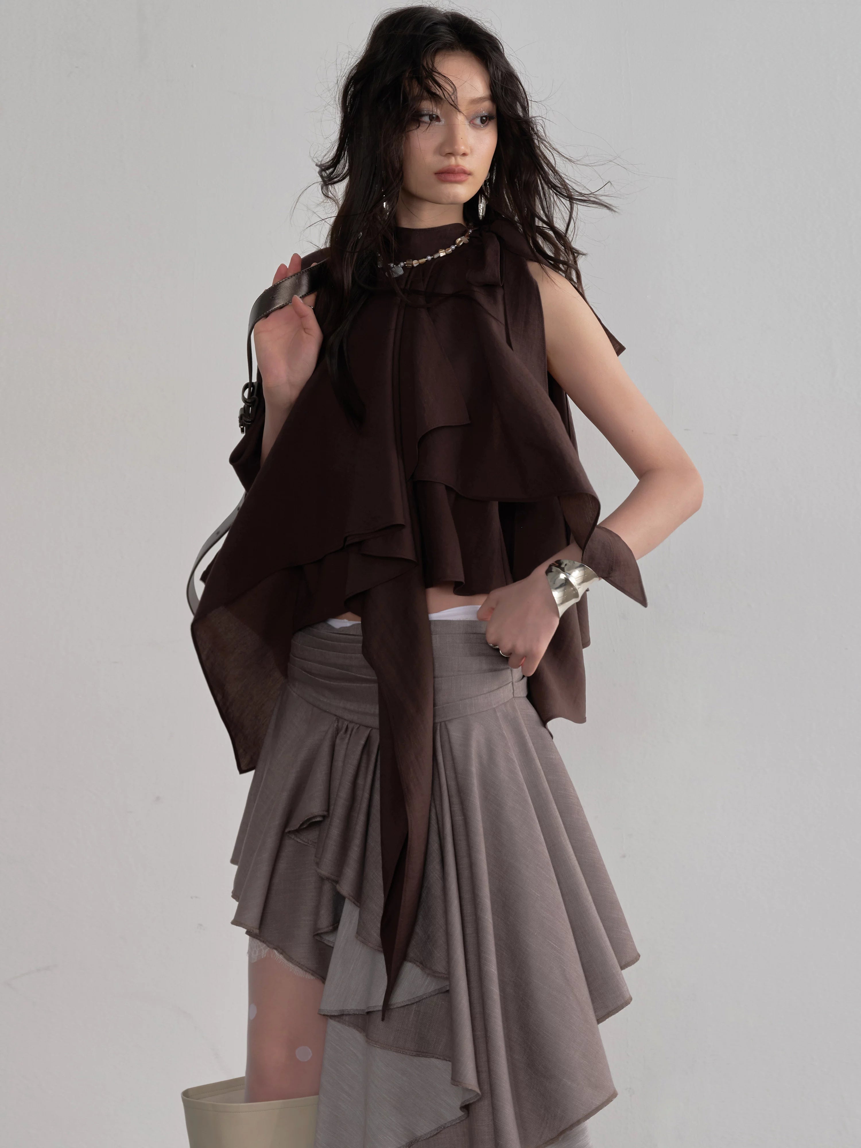 JNYLON Vintage Lace Stitching Asymmetrical Skirt