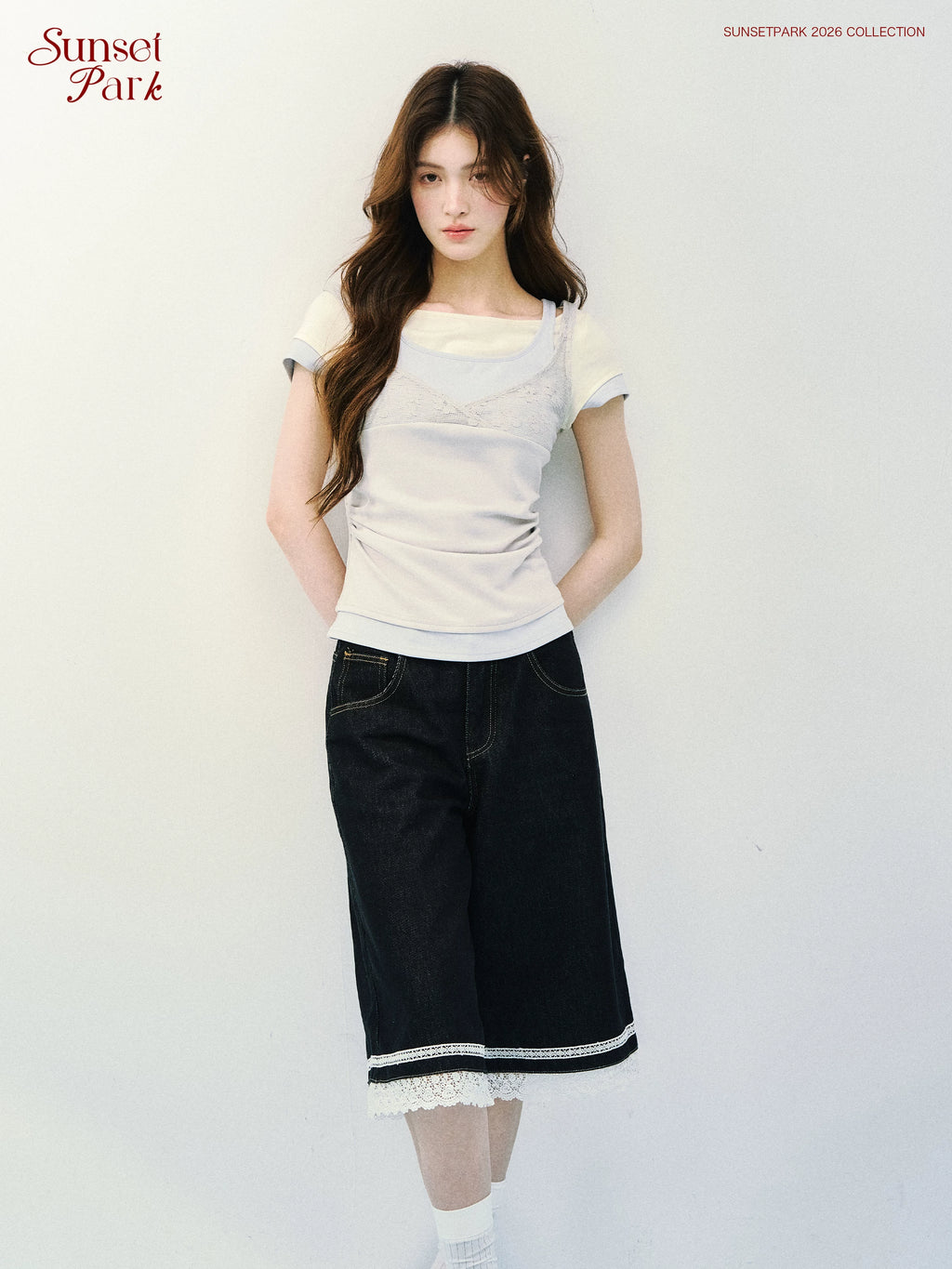 SunsetPark Fake Three Piece Lace Sling Vest Knitted Tee
