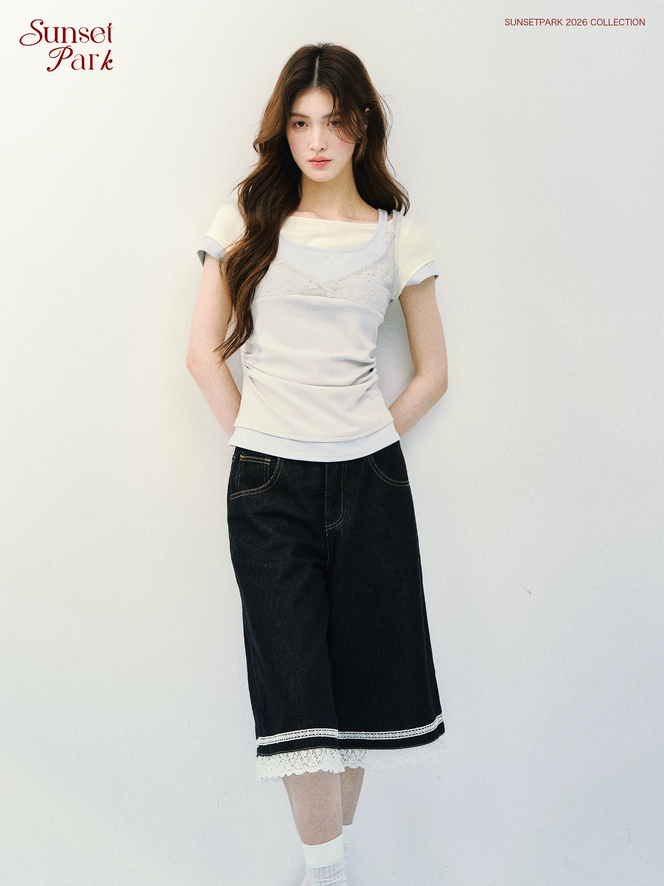 SunsetPark Fake Three Piece Lace Sling Vest Knitted Tee